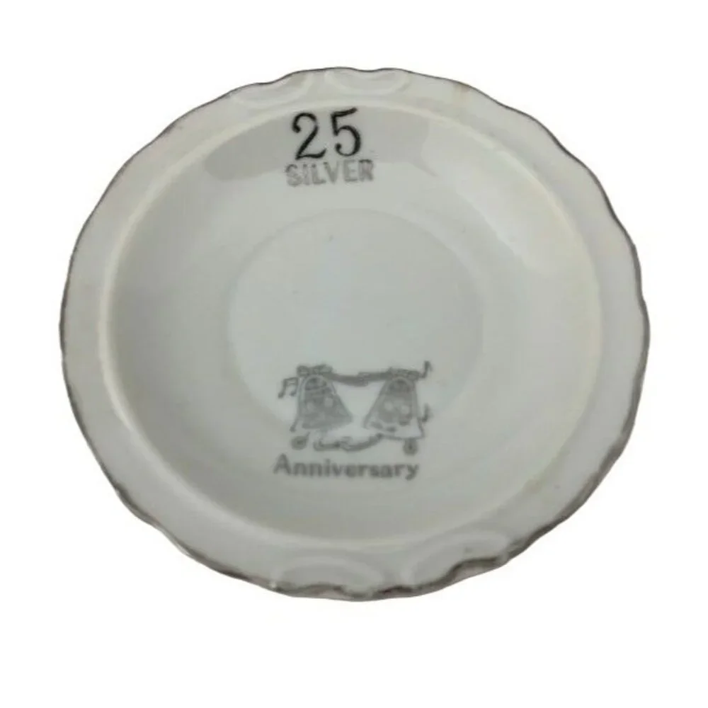 Vintage 25th Silver Anniversary Trinket Dish Wedding Bells Ring Dish 4.5 Inch